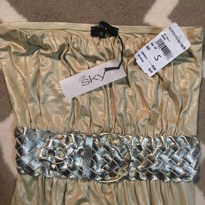 SKY gold belted mini dress